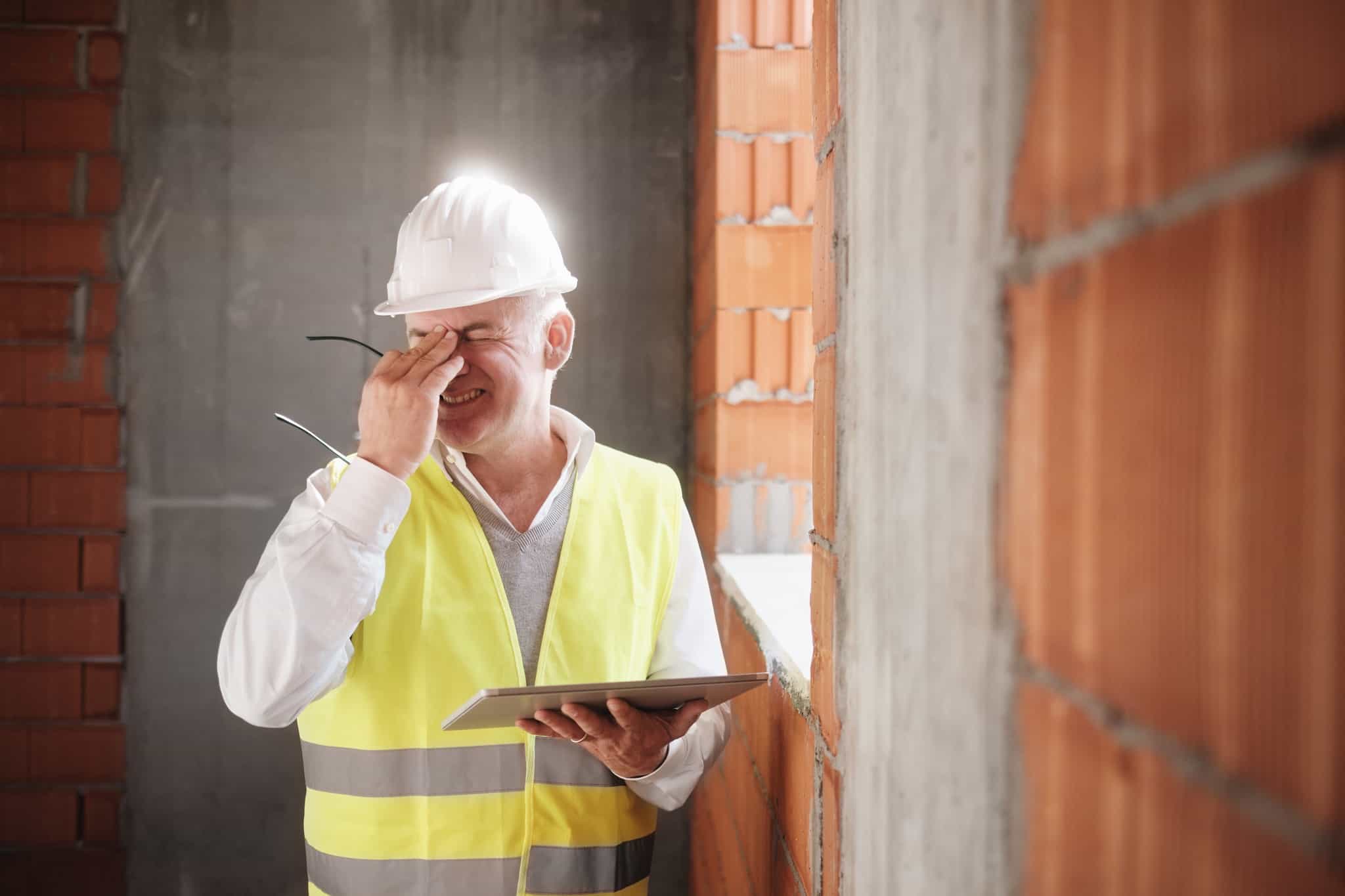 Construction worker with something in his eye Construction worker with something in his eye