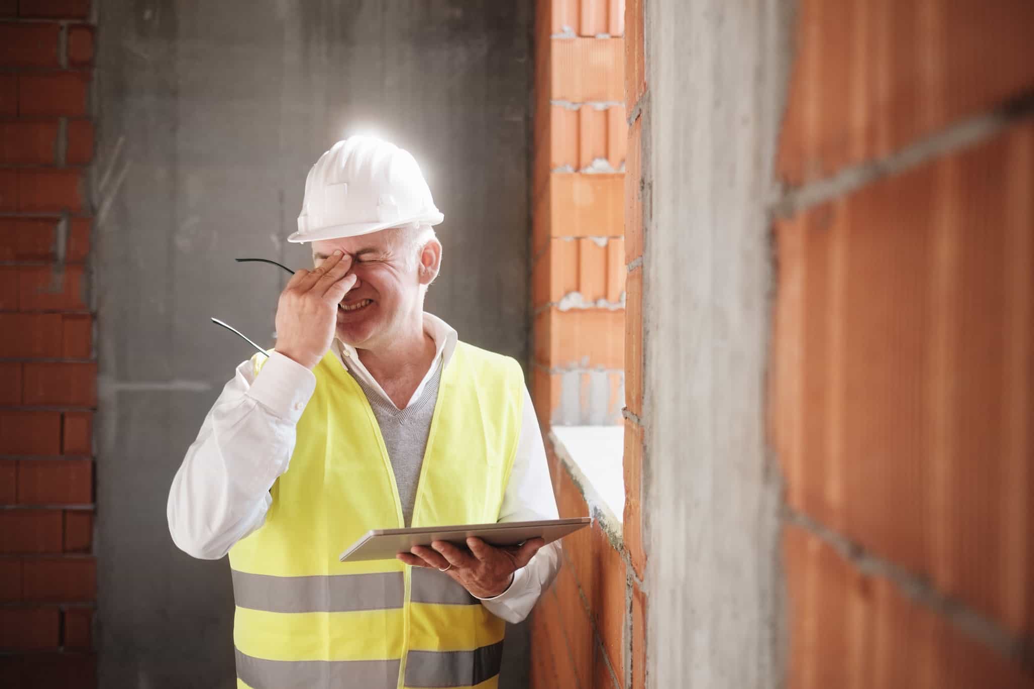 Construction worker with something in his eye