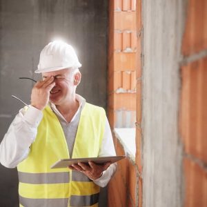 Construction worker with something in his eye